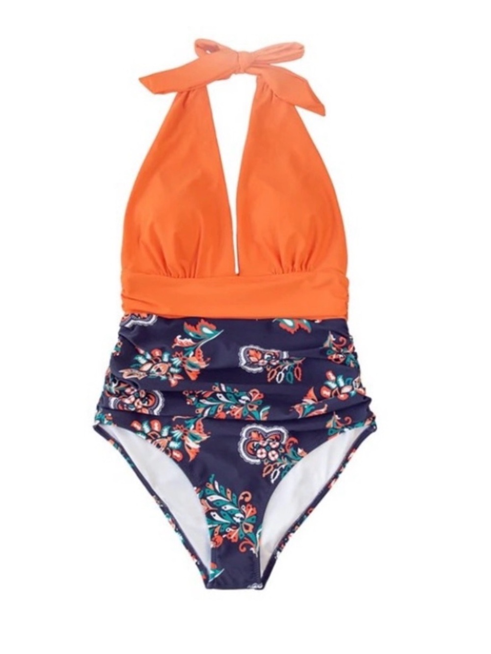 Cupshe Orange Halter One-Piece with Navy Floral Ruched Skirt